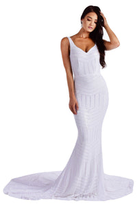 Front of White geometric sequin sleeveless evening gown featuring sweetheart neckline, shoulder straps, V open back and a very long train