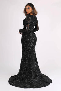 Side Image of Black Long Sleeve Pattern Sequin Floor Length Evening Gown with Round Neck and Fit & Flare Silhouette