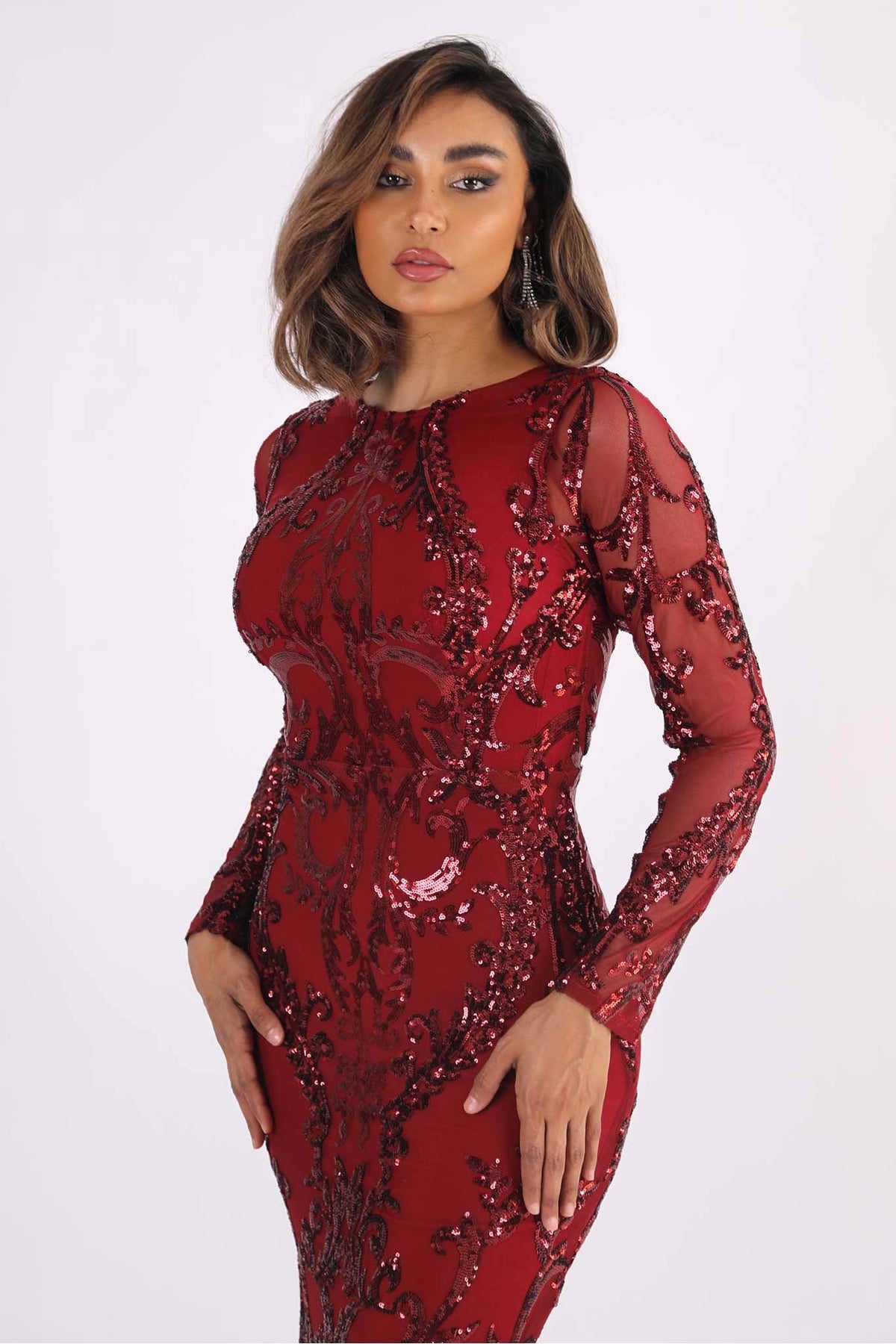 Deep Red Long Sleeve Pattern Sequin Floor Length Evening Gown with Round Neck and Fit & Flare Silhouette