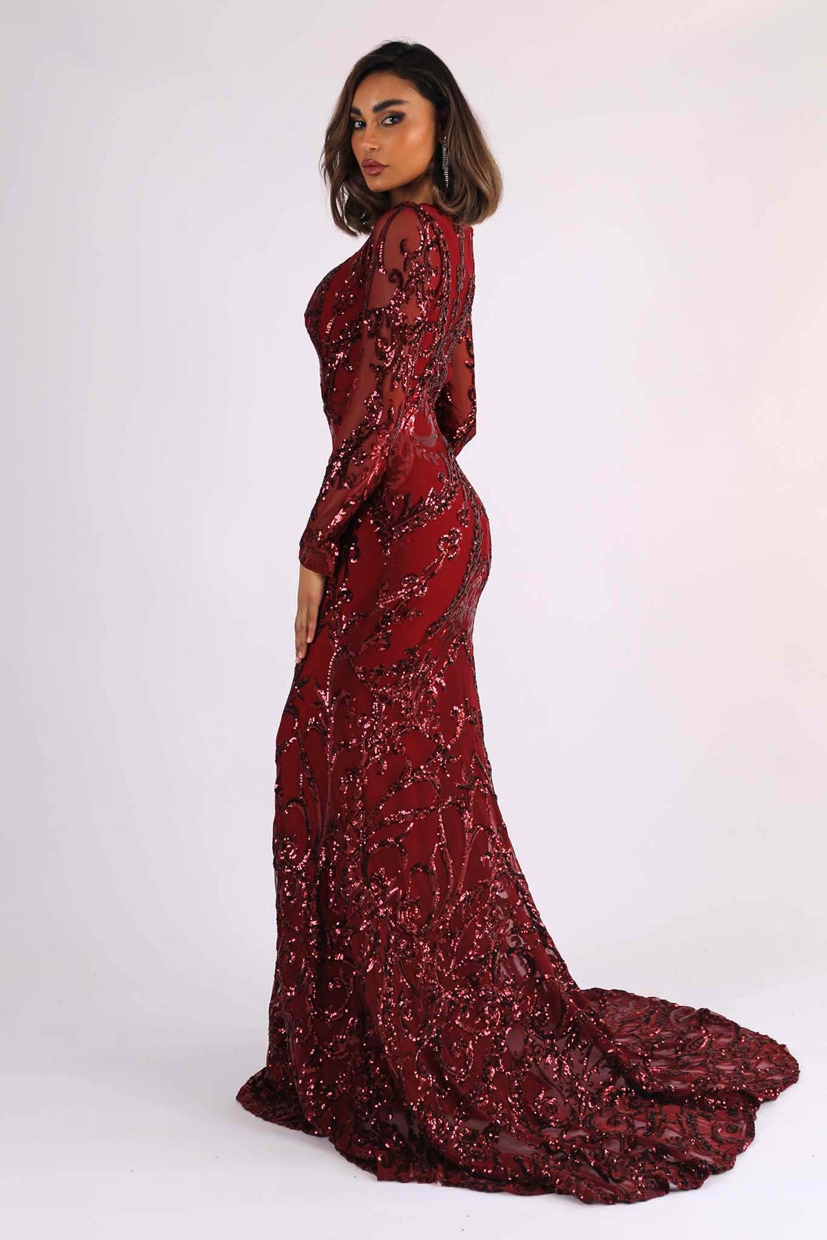 Side Image of Deep Red Long Sleeve Pattern Sequin Floor Length Evening Gown with Round Neck and Fit & Flare Silhouette