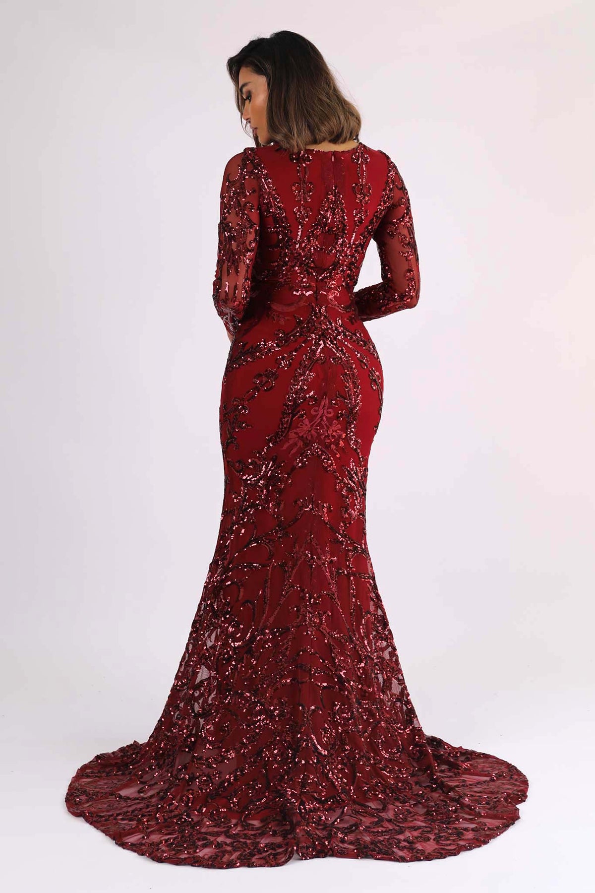 Back Image of Deep Red Long Sleeve Pattern Sequin Floor Length Evening Gown with Round Neck and Fit & Flare Silhouette