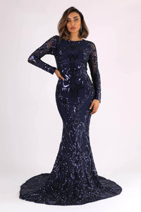 Deep Blue Long Sleeve Pattern Sequin Floor Length Evening Gown with Round Neck and Fit & Flare Silhouette