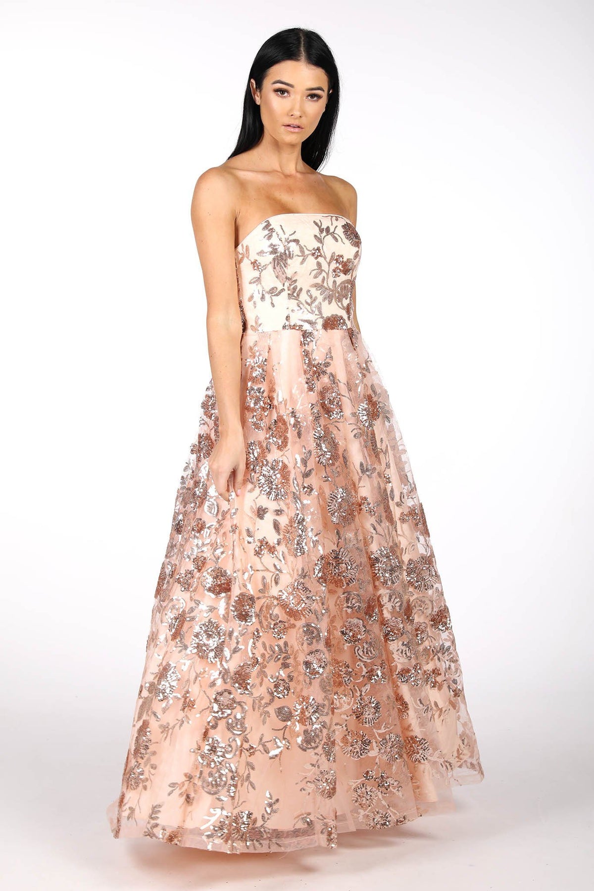 Strapless Square Neckline A Line Ball Gown with Embroidered Flower Sequinned Mesh in Rose Gold Colour