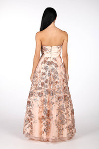 Back Image of Strapless Square Neckline A Line Ball Gown with Embroidered Flower Sequinned Mesh in Rose Gold Colour