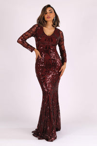 Deep Red Pattern Sequin Fitted Evening Gown with Long Sleeves and V Neckline