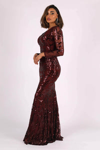 Side Image showing sheer sleeve of Deep Red Pattern Sequin Fitted Evening Gown with Long Sleeves and V Neckline