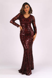 Burgundy Pattern Sequin Fitted Evening Gown with Long Sleeves and V Neckline