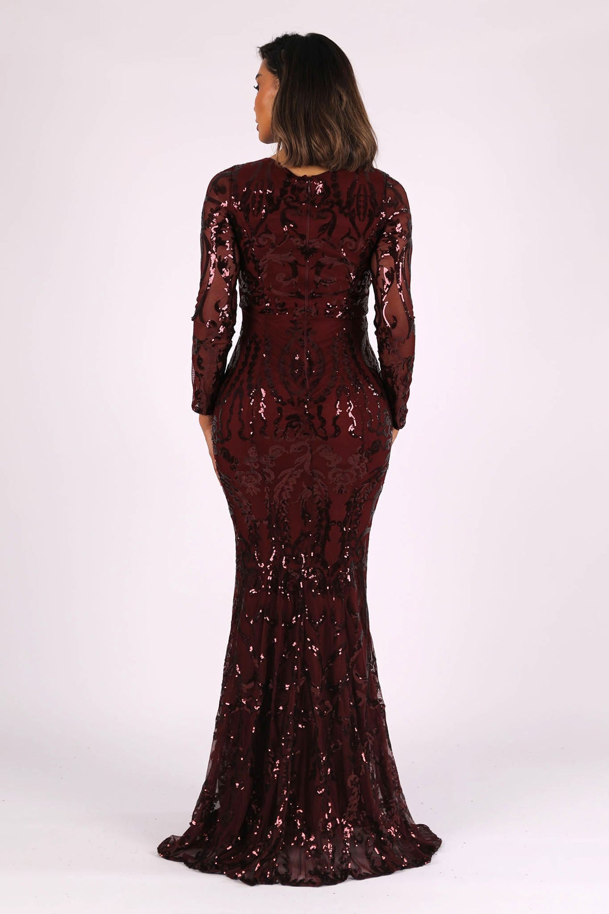 Back Image of Deep Red Pattern Sequin Fitted Evening Gown with Long Sleeves and V Neckline