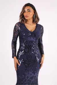 Close Up Image of Deep Blue Pattern Sequin Fitted Evening Gown with Long Sleeves and V Neckline