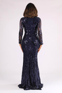Back Image of Deep Blue Pattern Sequin Fitted Evening Gown with Long Sleeves and V Neckline