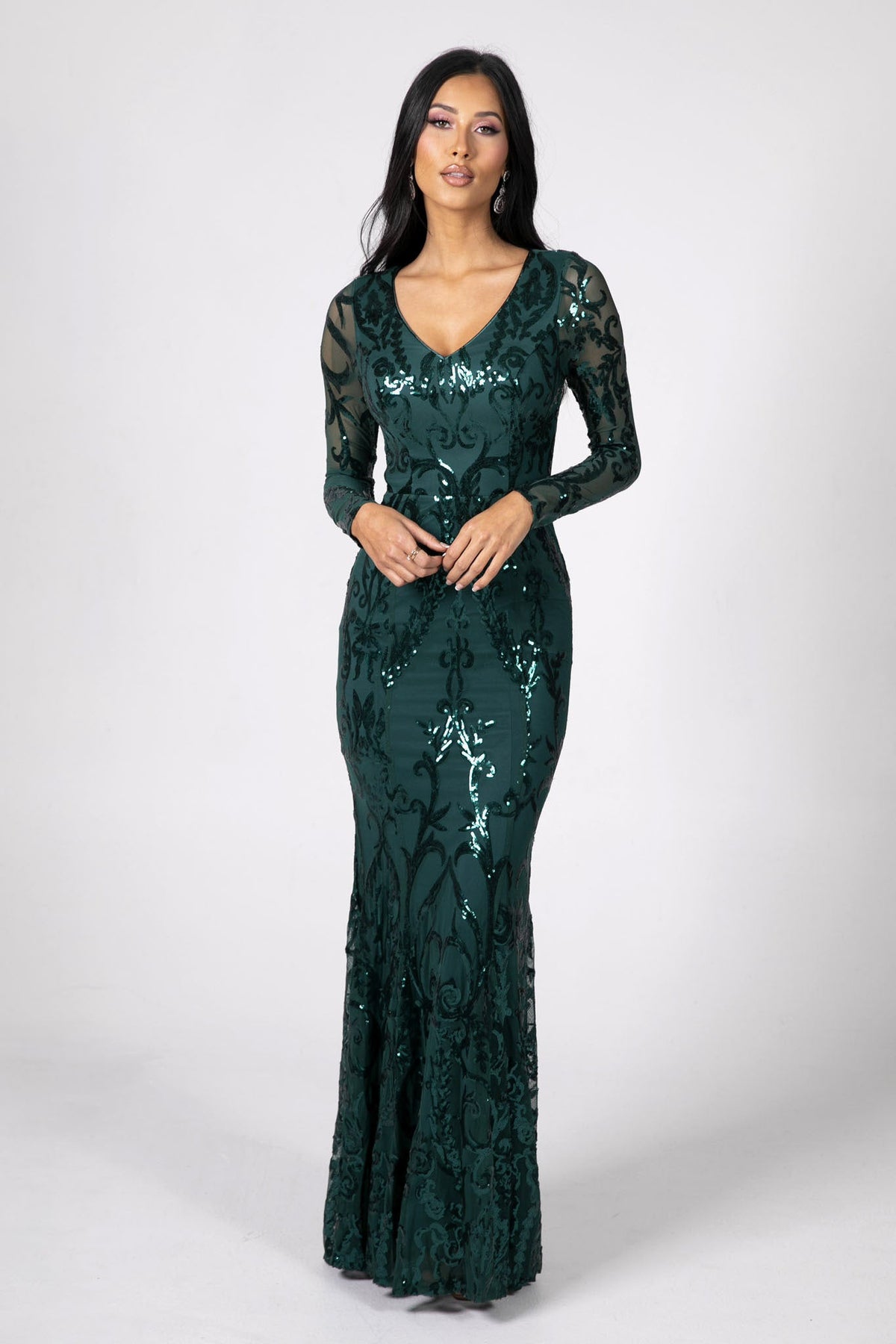 Amelia Long-Sleeve Pattern Sequin Gown - Emerald