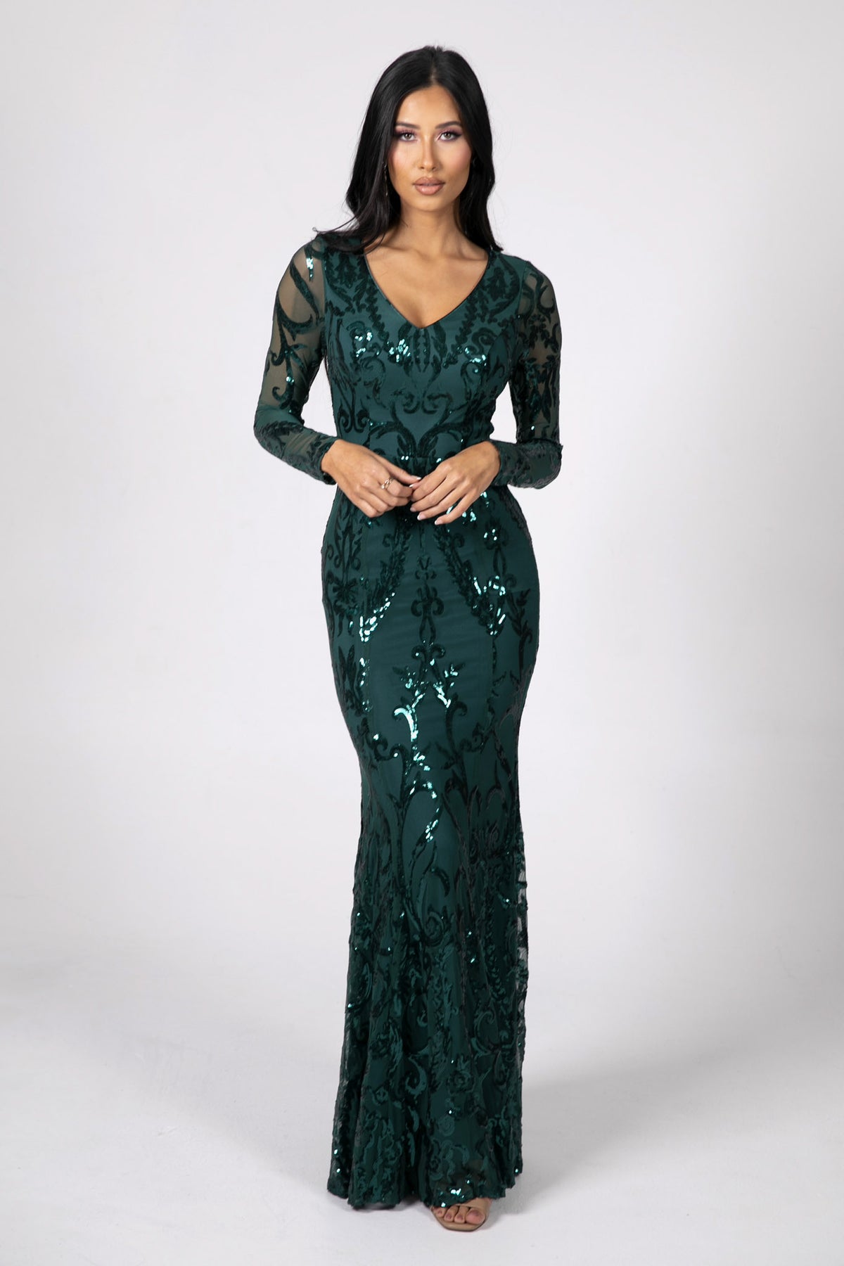 Deep Green Pattern Sequin Fitted Evening Gown with Long Sleeves and V Neckline