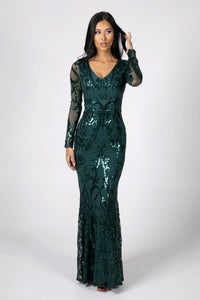 Front Image of Deep Green Pattern Sequin Fitted Evening Gown with Long Sleeves and V Neckline