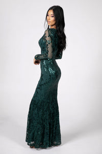 Side Image of Deep Green Pattern Sequin Fitted Evening Gown with Long Sleeves and V Neckline