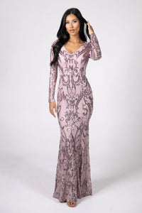 Light Pink Pattern Sequin Fitted Evening Gown with Long Sleeves and V Neckline