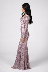 Side Image of Light Pink Pattern Sequin Fitted Evening Gown with Long Sleeves and V Neckline