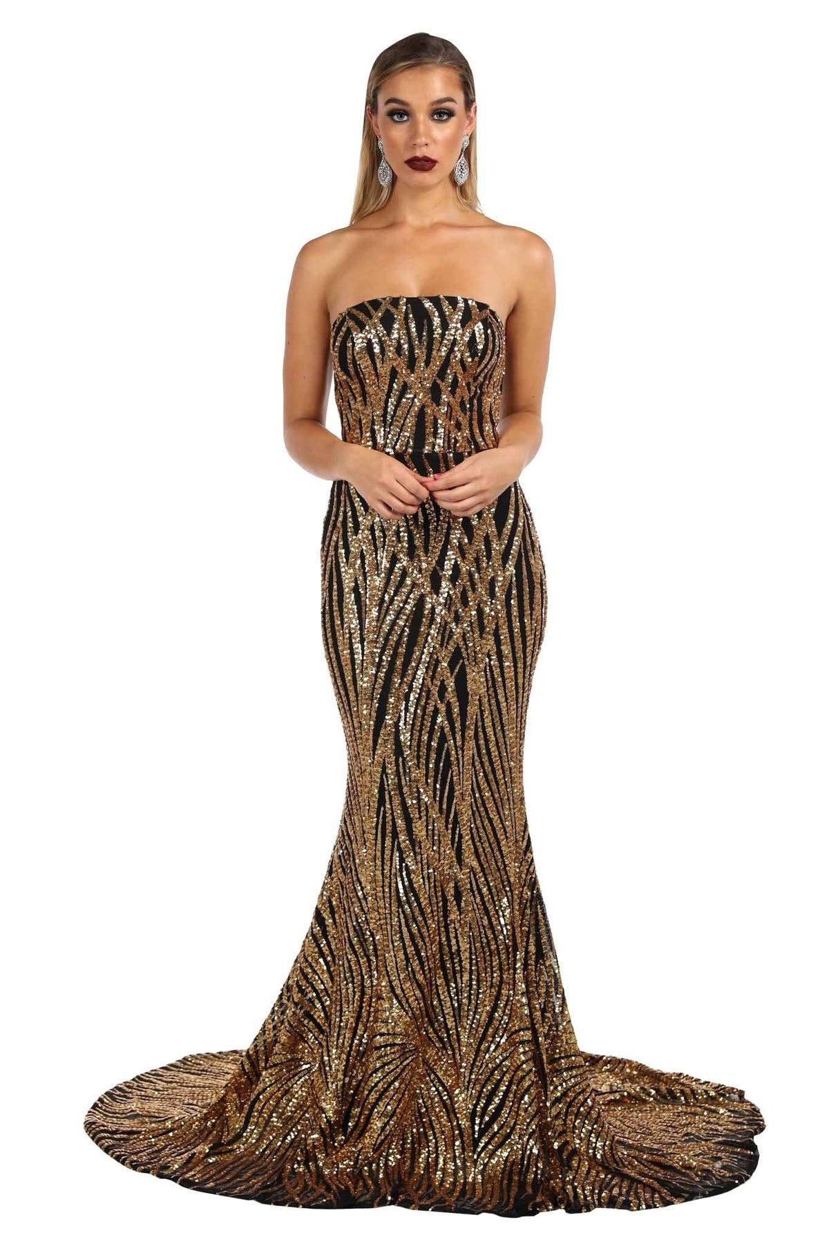 Gold and Black sequin prom formal long gown features strapless straight neckline, fishtail and long train design