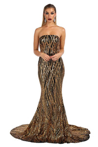 Gold and Black sequin prom formal long gown features strapless straight neckline, fishtail and long train design