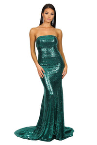 Front of emerald green sequin sleeveless formal evening long gown features strapless straight neckline, flared mermaid skirt and long train