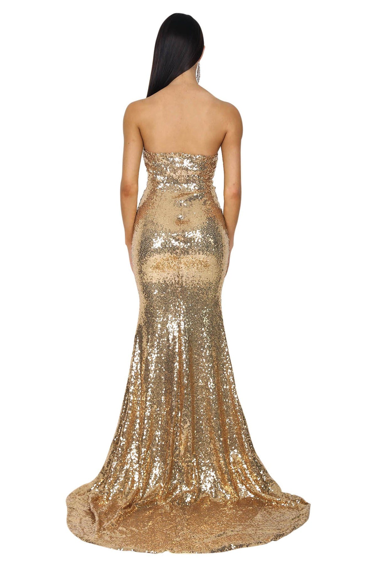 Back of Gold sequin sleeveless formal evening long gown features strapless straight neckline, flared mermaid skirt and long train