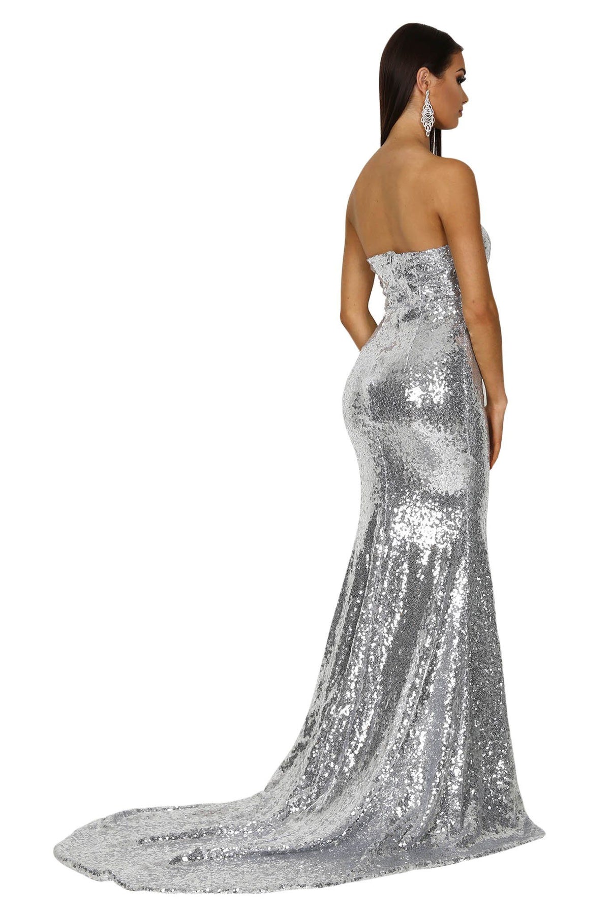 Back and long train of Silver sequin sleeveless formal evening long gown features strapless straight neckline, flared mermaid skirt and long train