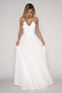 White A-line Wedding Dress with V Neckline and Lace Appliqued Bodice