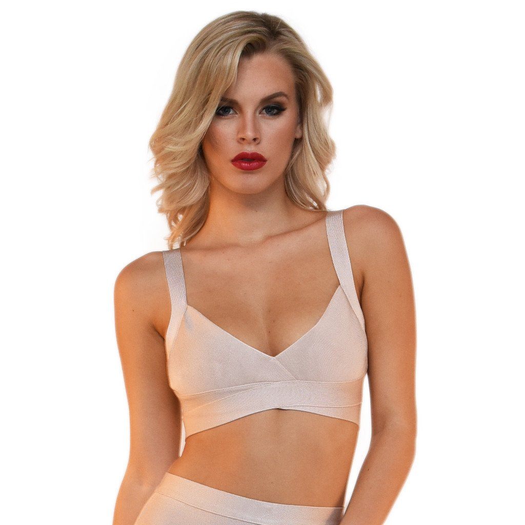 Front of nude colored bralette style bodycon bandage crop top