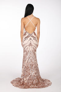 Ariella Side Slit Pattern Sequin Gown - Rose Gold