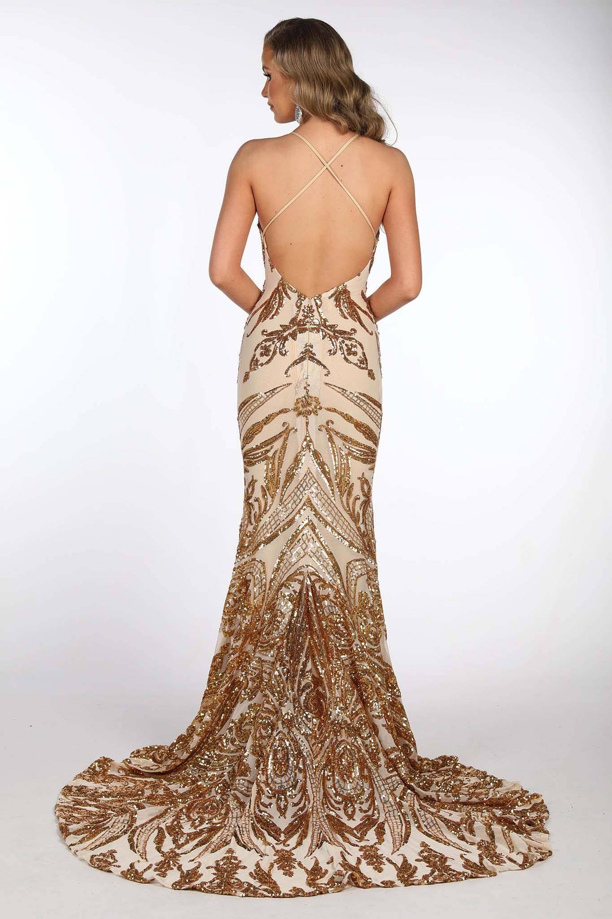 Criss-cross straps on open back design of Gold Full Length Evening Sequin Gown with Gold Embroidered Pattern Sequins Over Beige Underlay, V neckline, Criss-cross Straps on Open Back, Thigh-high Side Slit, Fit and Flare Silhouette and Sweep Train