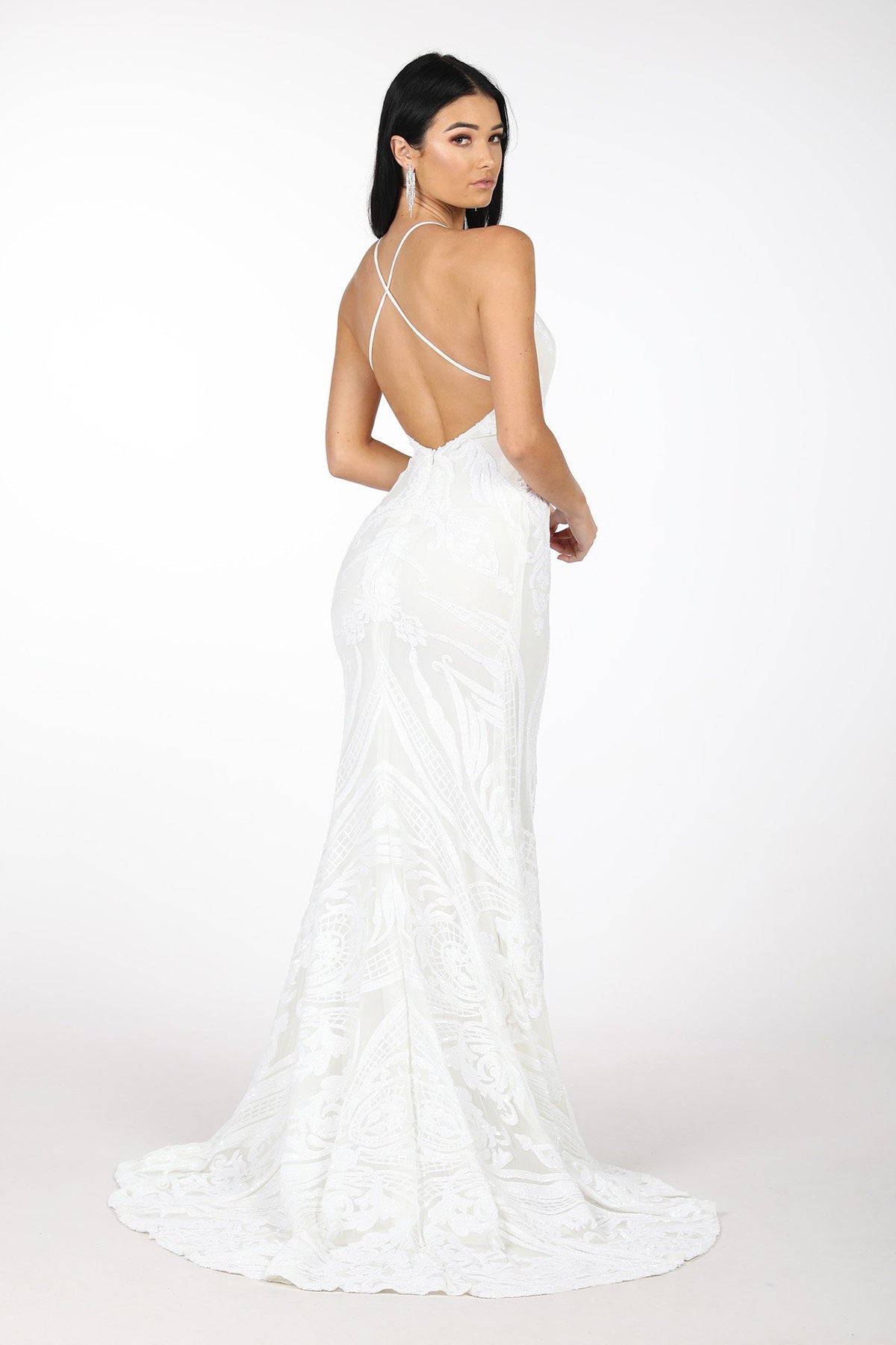 Back Crisscross Thin Straps Design of Ivory White Full Length Evening Pattern Sequin Gown with White Underlay, V neckline, Criss-cross Straps on Open Back, Thigh-high Side Slit, Fit and Flare Silhouette and Sweep Train