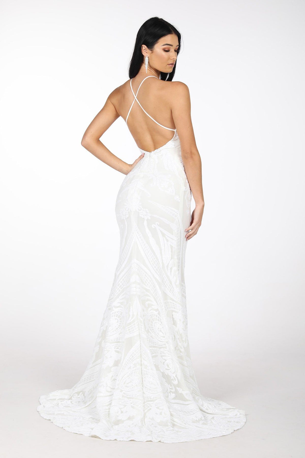 Ariella Side Slit Pattern Sequin Gown - White (M - Clearance Sale) Noodz Boutique Ariella Side Slit Pattern Sequin Gown - White (M - Clearance Sale) Noodz Boutique