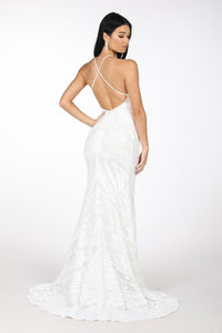 Ariella Side Slit Pattern Sequin Gown - White