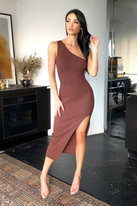 One Shoulder Knit Midi Dress in Chocolate Brown Color with High Side Split