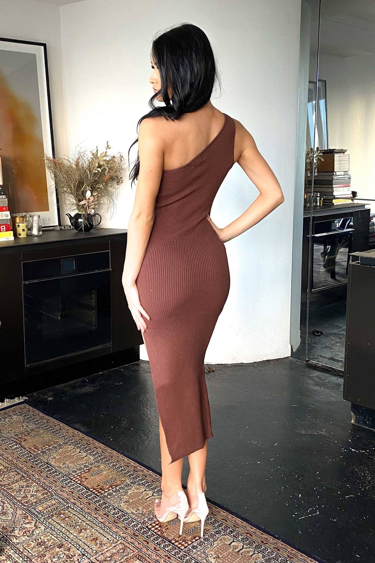 One Shoulder Knit Midi Dress in Chocolate Brown Color with High Side Split