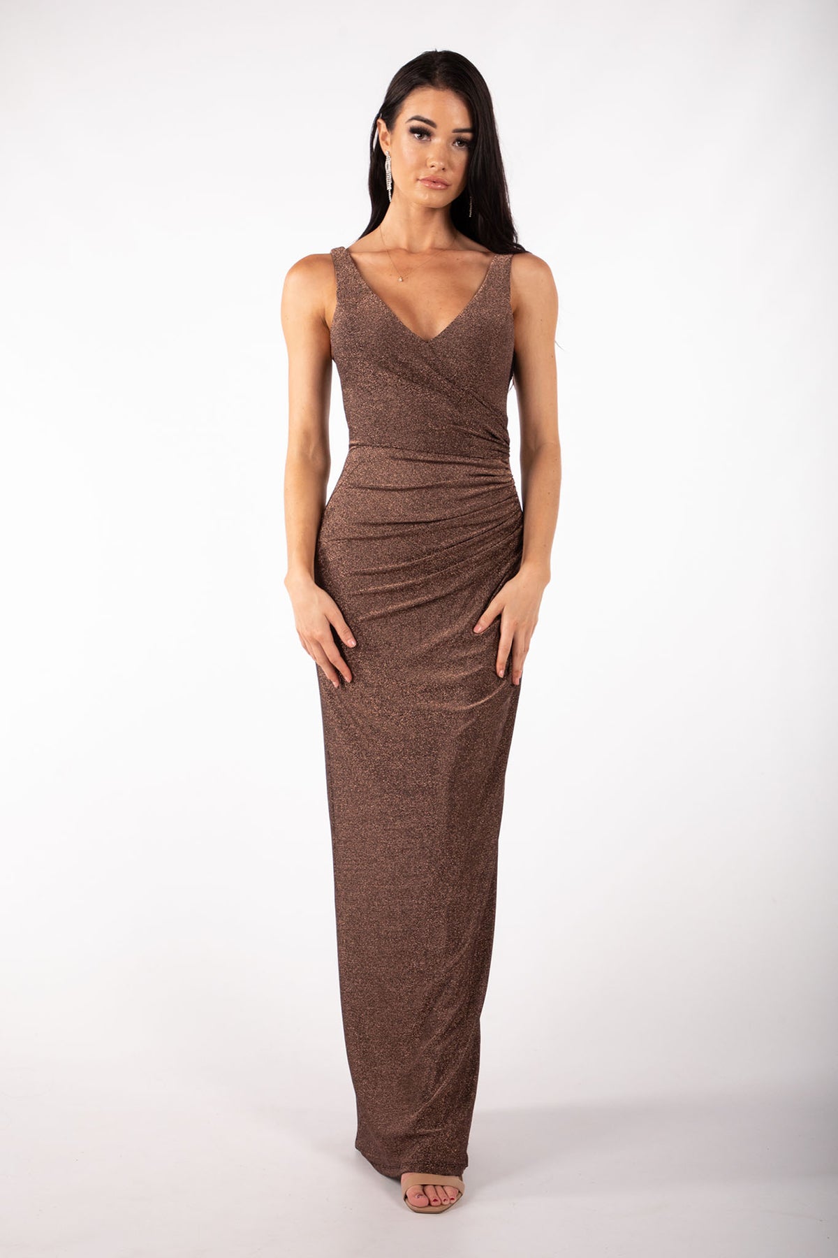 V Neck Formal Maxi Dress with Gathering Detail, Side Split and Open V Back in Glitter Chocolate Brown Color