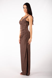 Side Image of V Neck Formal Maxi Dress with Gathering Detail, Side Split and Open V Back in Glitter Chocolate Brown Color
