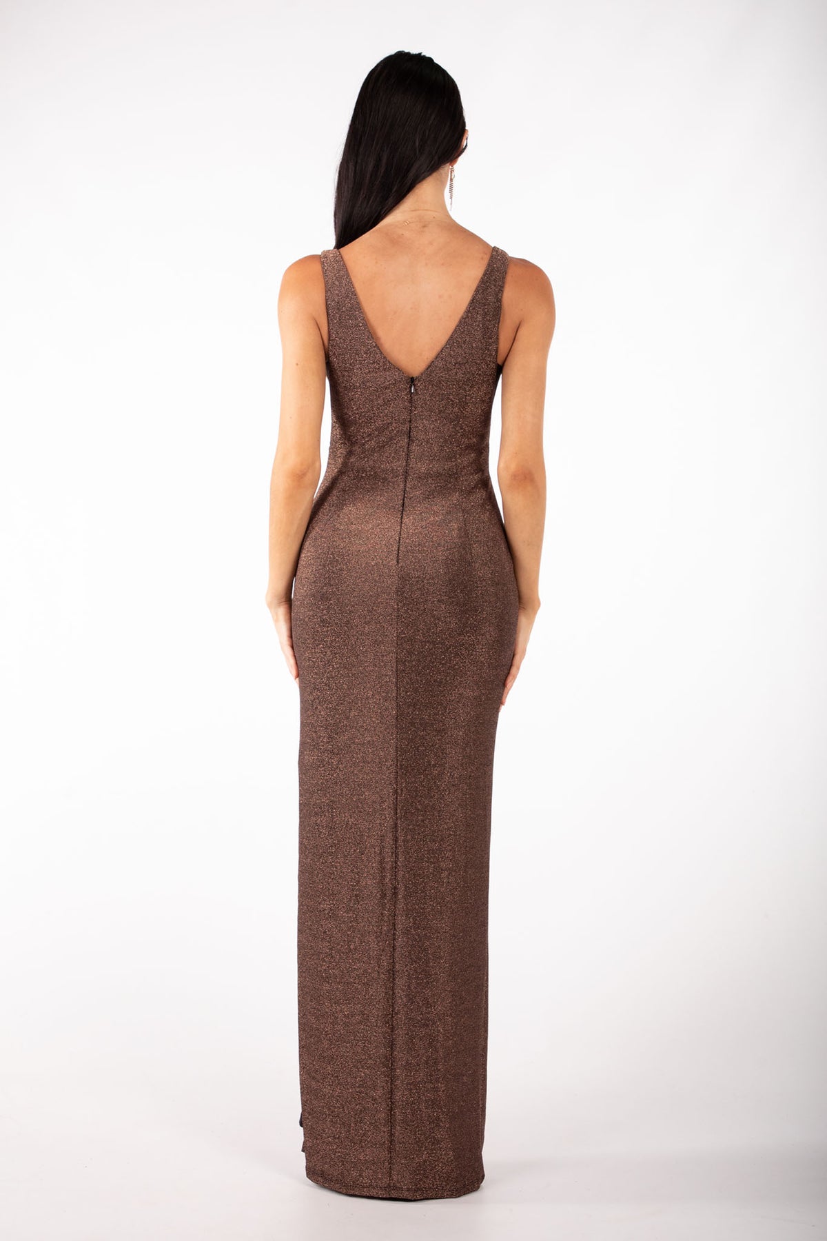 Back Image of V Neck Formal Maxi Dress with Gathering Detail, Side Split and Open V Back in Glitter Chocolate Brown Color