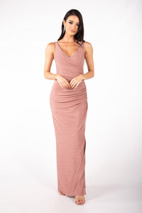 V Neck Formal Maxi Dress with Gathering Detail, Side Split and Open V Back in Tea Rose Pink Colour
