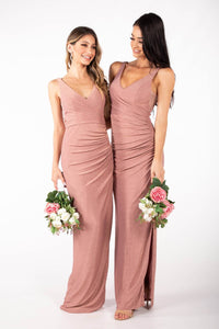 V Neck Bridesmaid Maxi Dress with Gathering Detail, Side Split and Open V Back in Tea Rose Pink Colour