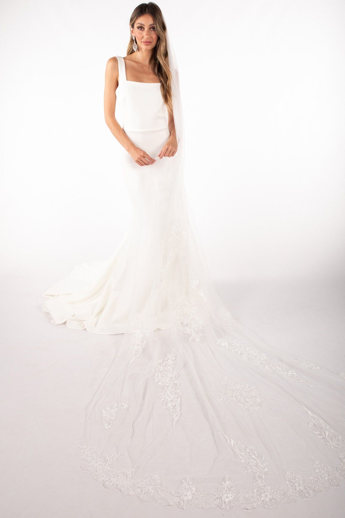 Long Cathedral Lace Wedding Veil made from Sheer Tulle and Lace Appliques