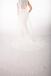 Back Image of Long Cathedral Lace Wedding Veil made from Sheer Tulle and Lace Appliques