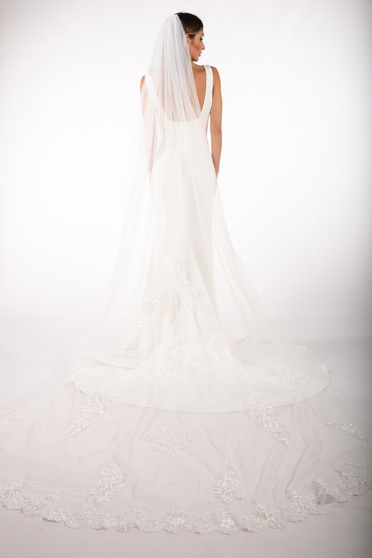 Long Cathedral Lace Wedding Veil made from Sheer Tulle and Lace Appliques
