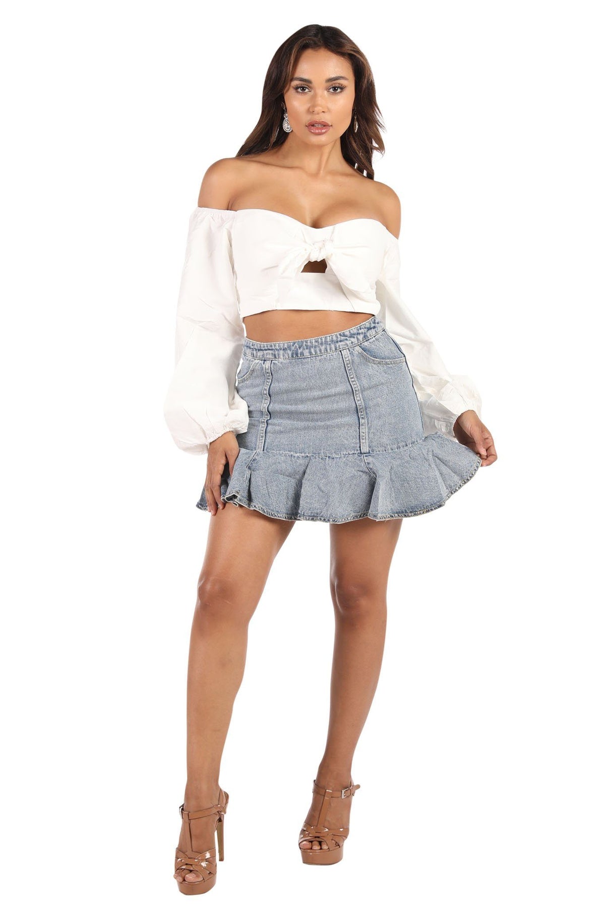 Bardot Bow Front Long Sleeve Top - White