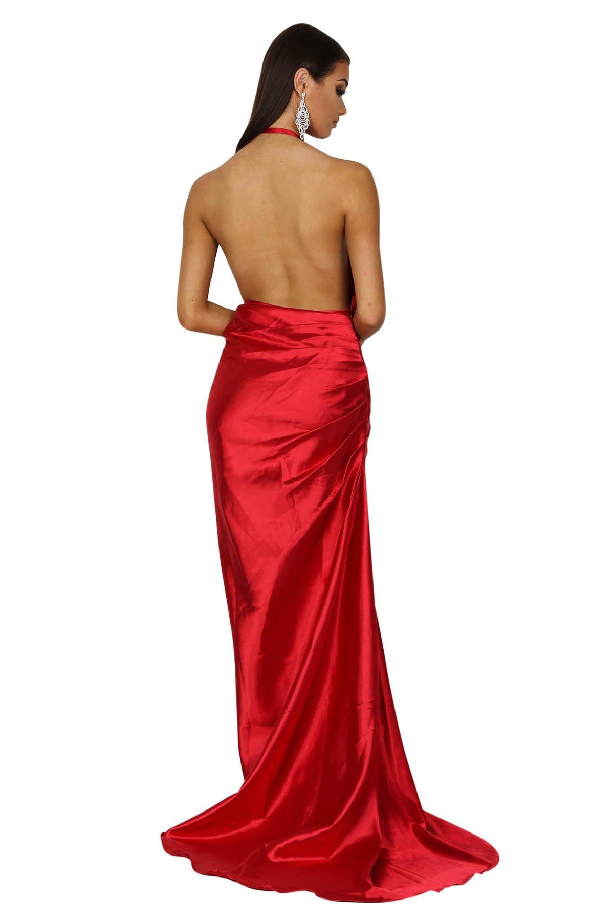 Backless design of red shiny satin maxi floor length evening sleeveless gown with pleated detailing at the front, deep V neckline, thigh high slit, open back, long train 