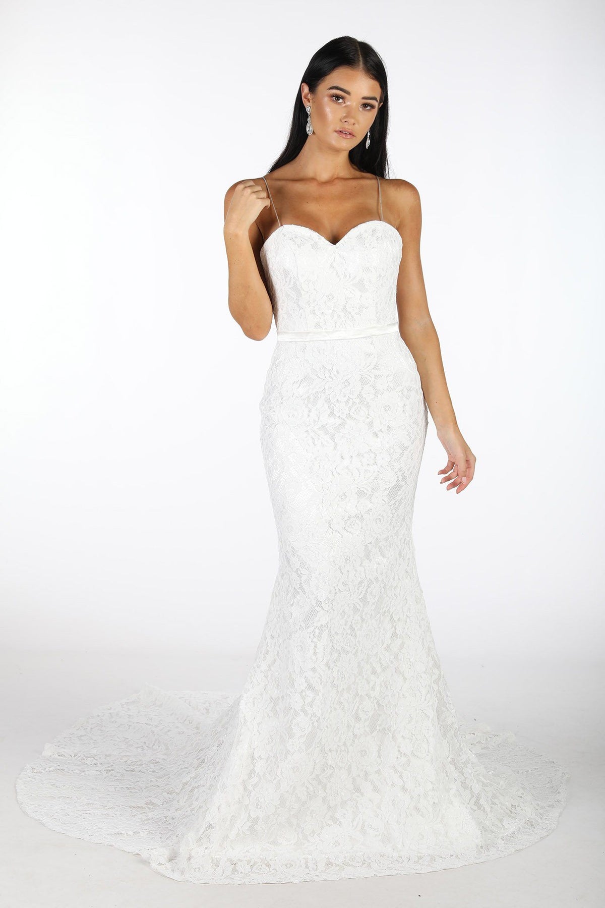 White Lace Full Length Wedding Dress with Sweetheart Neckline, Thin Spaghetti Straps, Satin Belt, Mermaid Skirt and Long Train