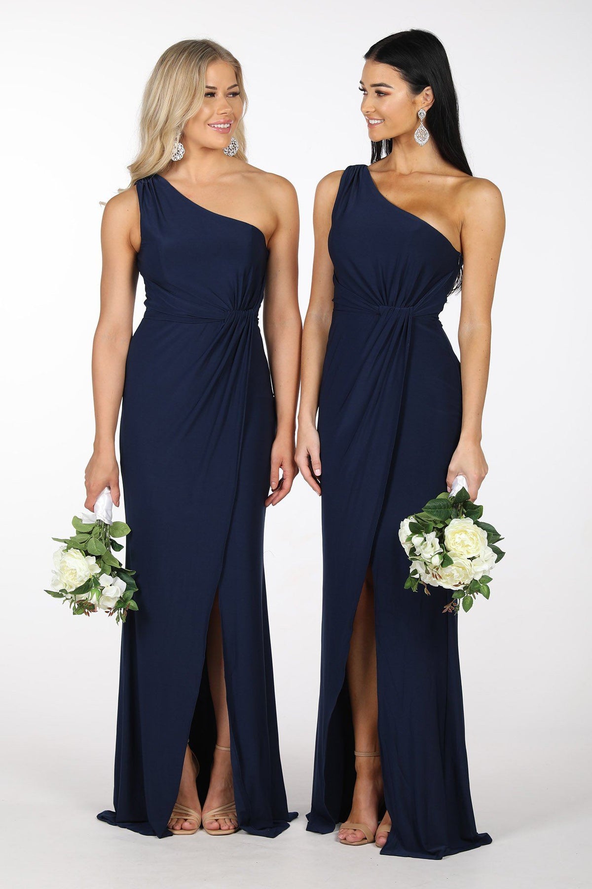 Bridesmaids in Deep Navy Blue One Shoulder Full Length Formal Dress with Asymmetrical One Shoulder Neckline, Ruched Waist, Above Knee High Slit, and a Column Styled Silhouette