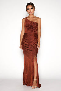 Shimmer Copper Burnt Orange maxi dress featuring asymmetrical one shoulder neckline, a bodycon fit with gathering detail at the front and thigh-high leg slit