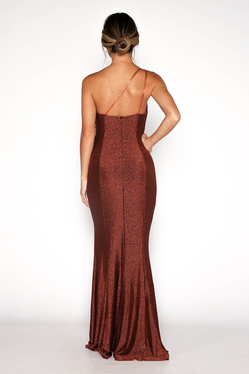Shimmer Copper Burnt Orange maxi dress featuring asymmetrical one shoulder neckline, a bodycon fit with gathering detail at the front and thigh-high leg slit