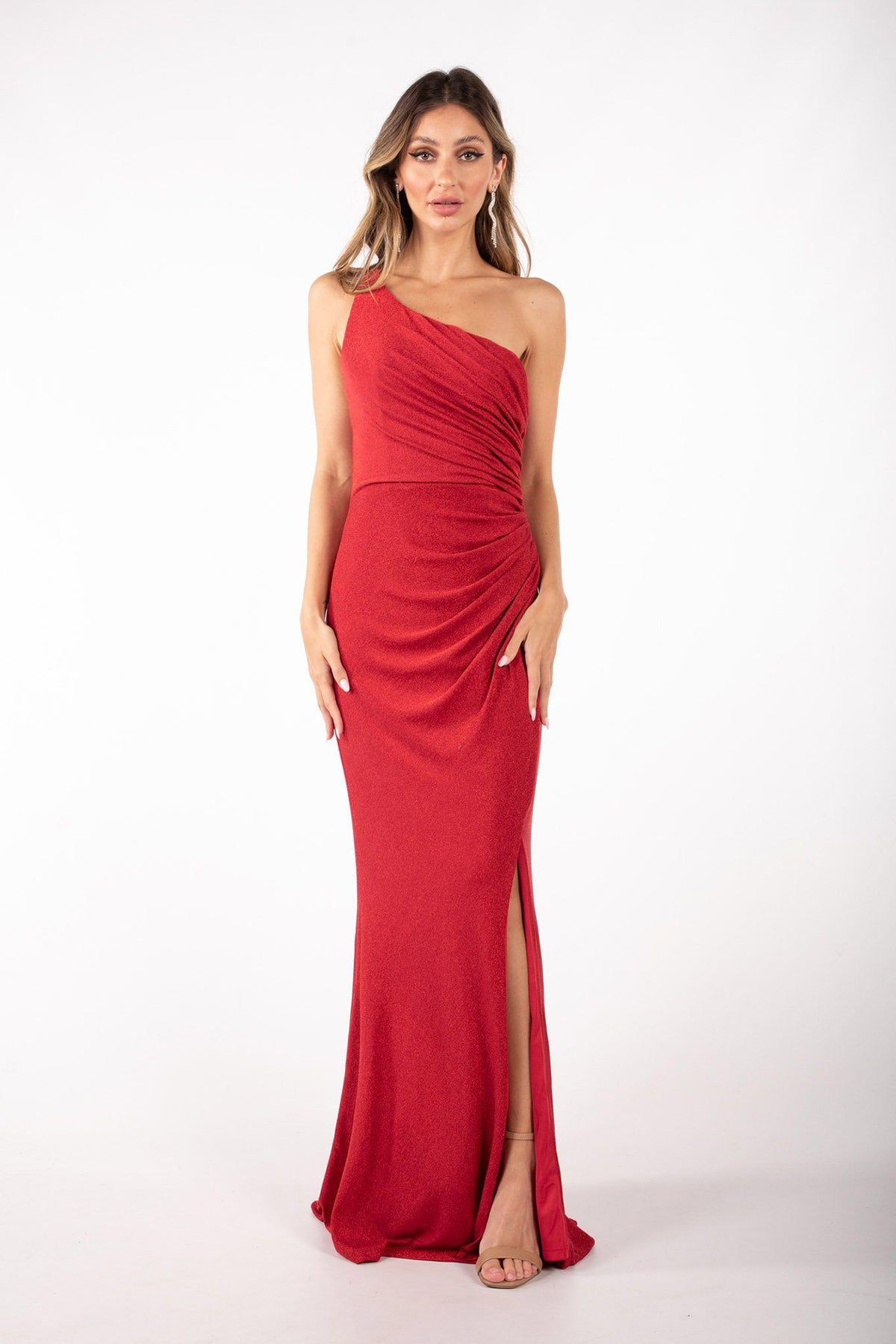 Shimmer red maxi dress featuring asymmetrical one shoulder neckline, a bodycon fit with gathering detail at the front and thigh-high leg slit