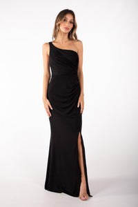 Shimmer Black maxi dress featuring asymmetrical one shoulder neckline, a bodycon fit with gathering detail at the front and thigh-high leg slit